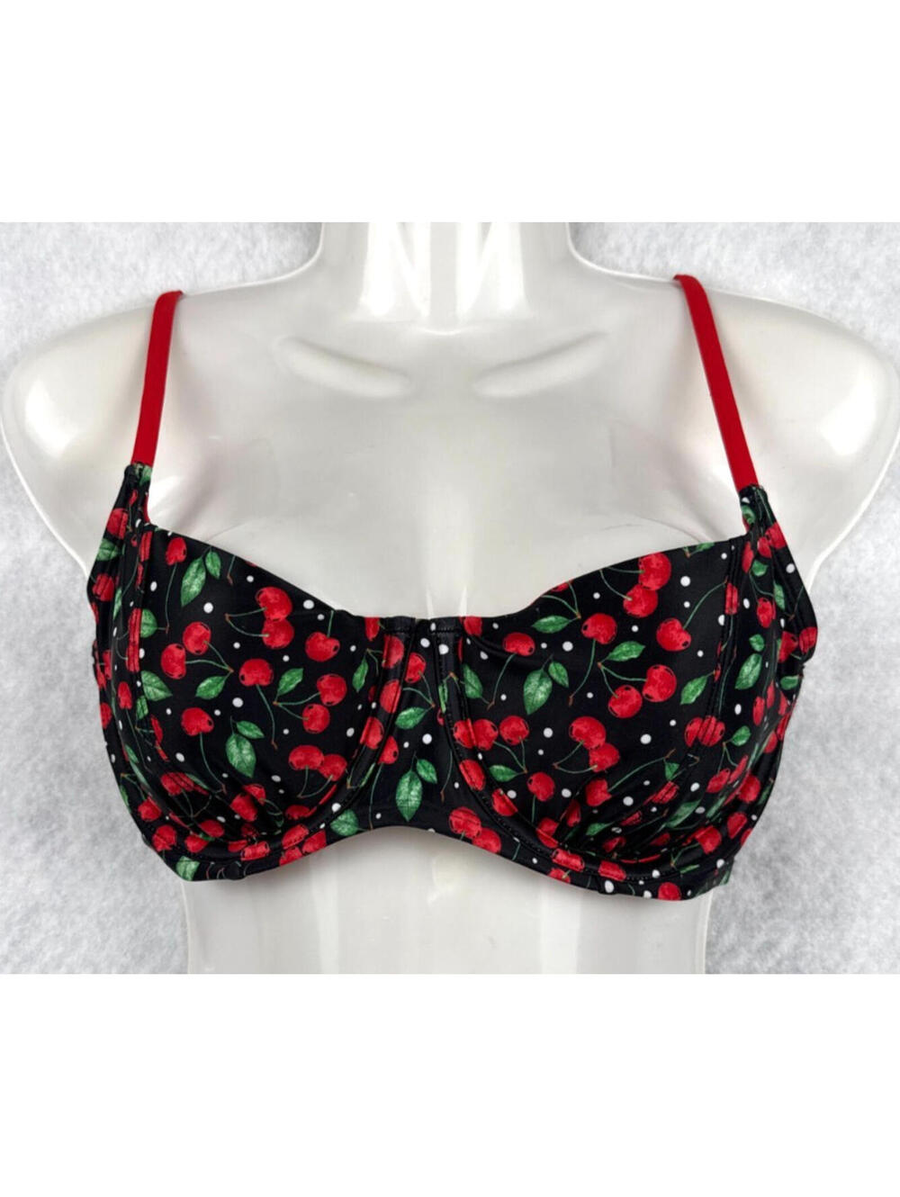 Womens XS Cherry Print Black Red Underwire Tie Back Bikini Top NWT
